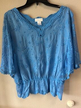APRICOT Blue Embroidered Eyelet Lace Peasant Blouse